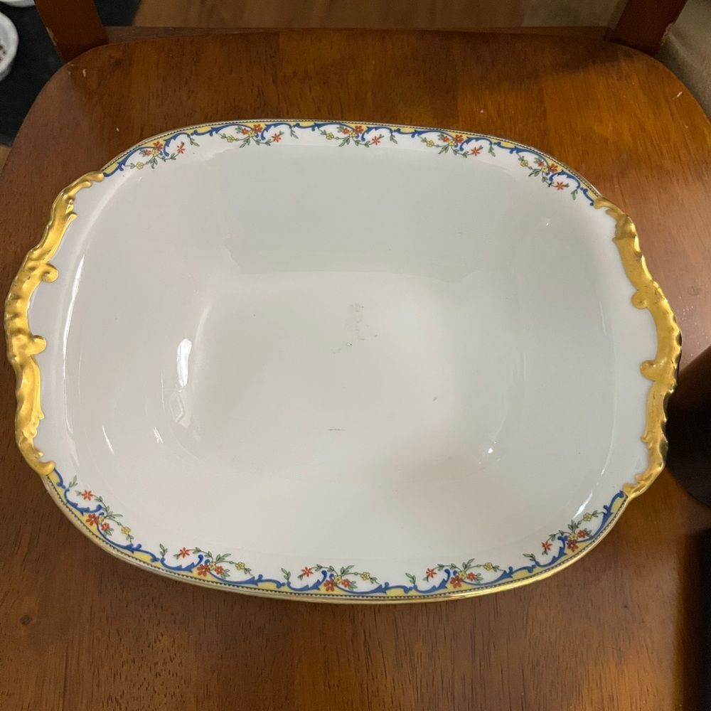 Gold and White Floral Trimmed Serving Bowl